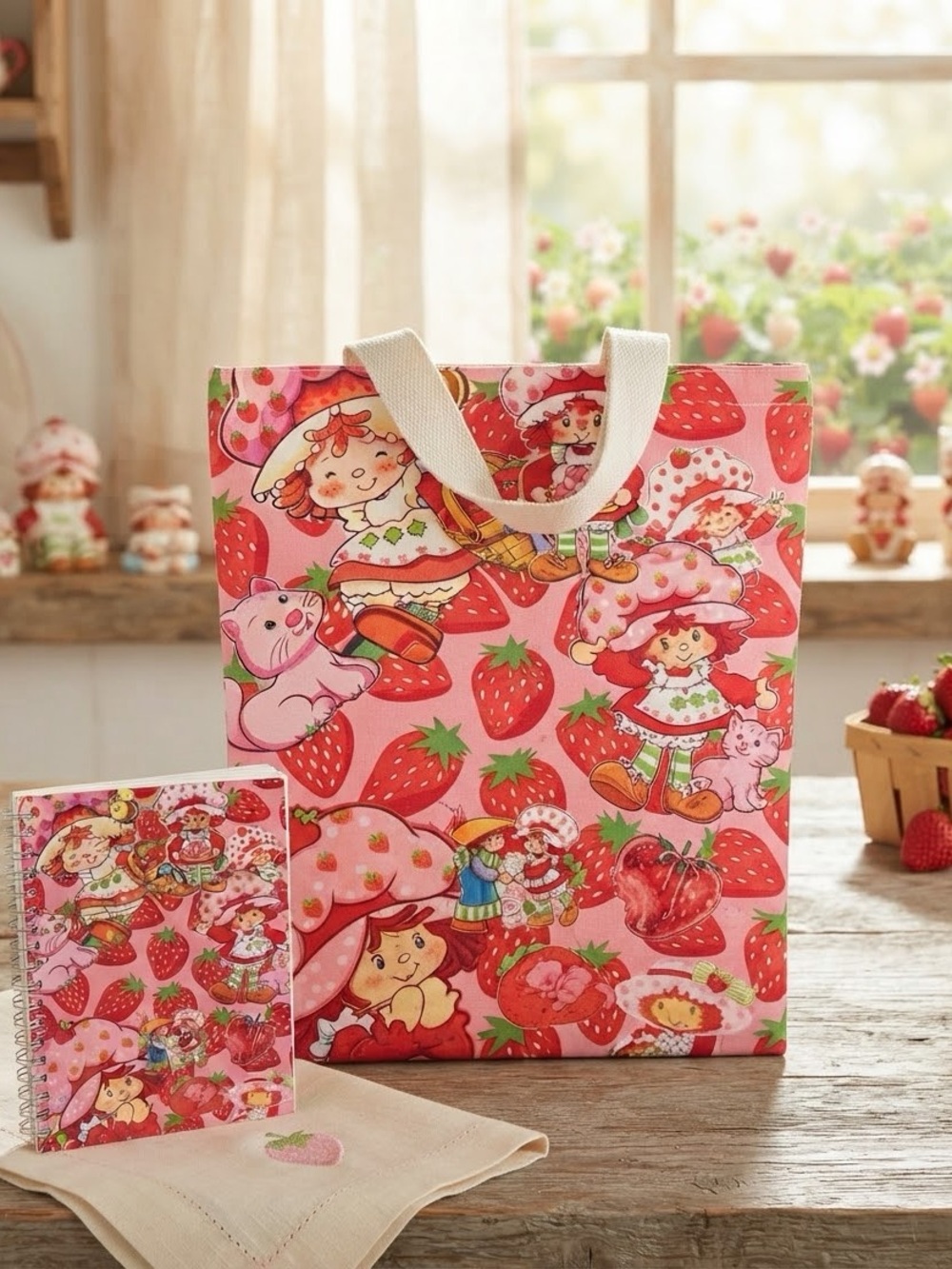 Strawberry Print Pink Reusable Tote Bag - Cute & Notebook